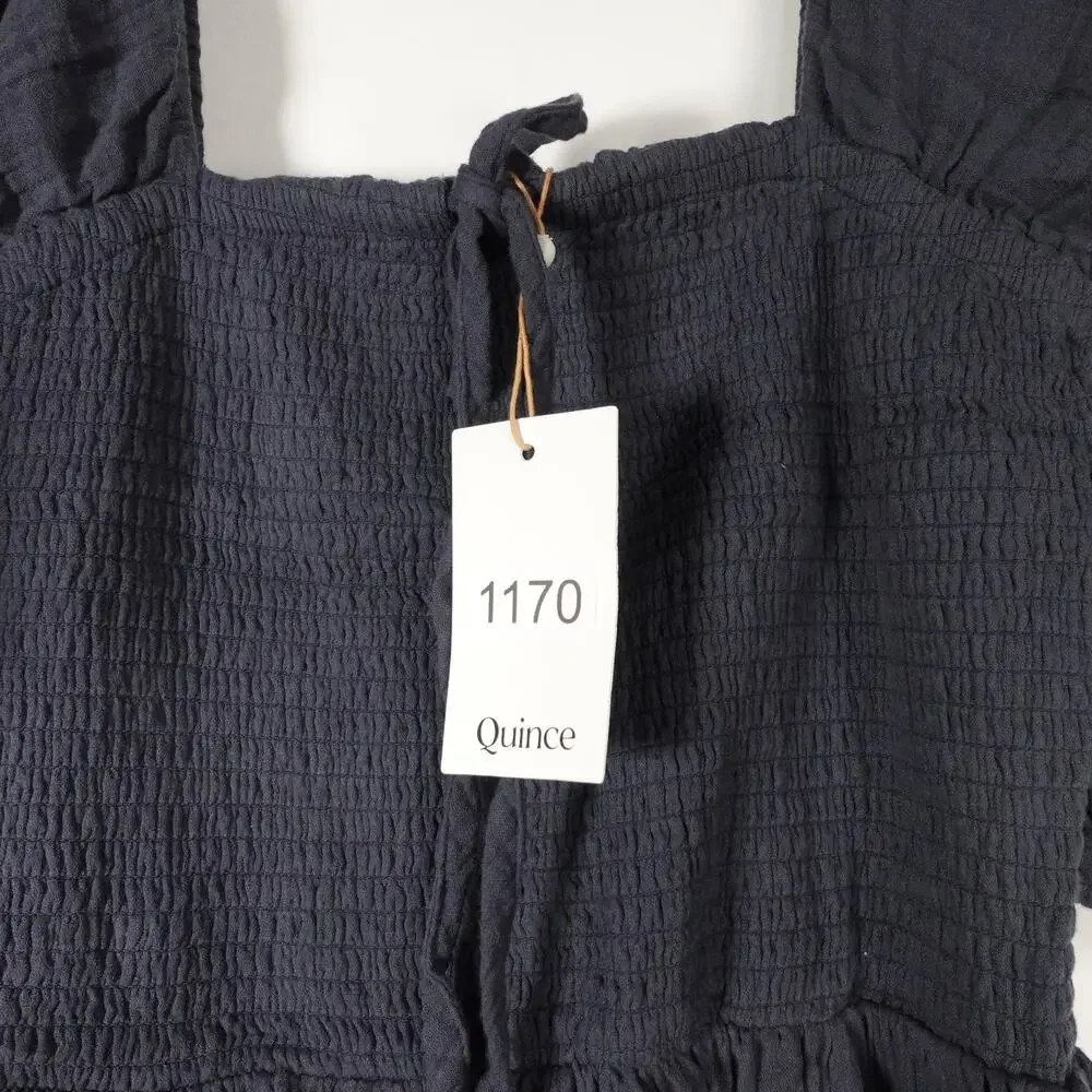 New Quince Small Indigo Blue Organic Cotton Gauze Smocked Square Neck Midi Dress